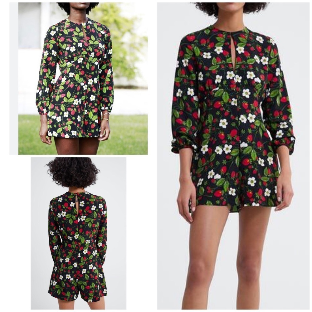 Zara Strawberry Flowers Strawberries Fruit Berries Leaves Long Sleeves Romper s﻿